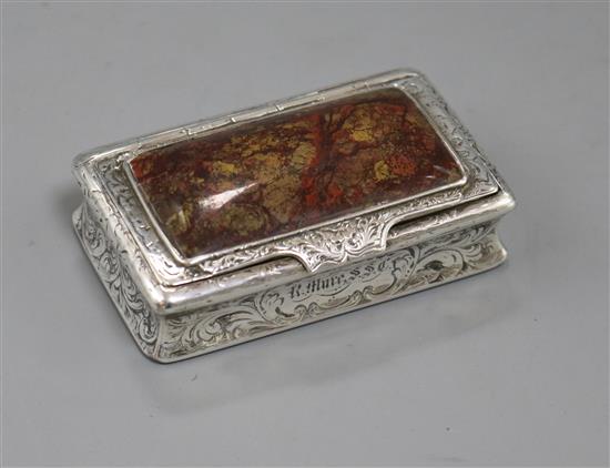 A late 18th/early 19th century Scottish engraved white metal and jasper mounted snuff box, 70mm.